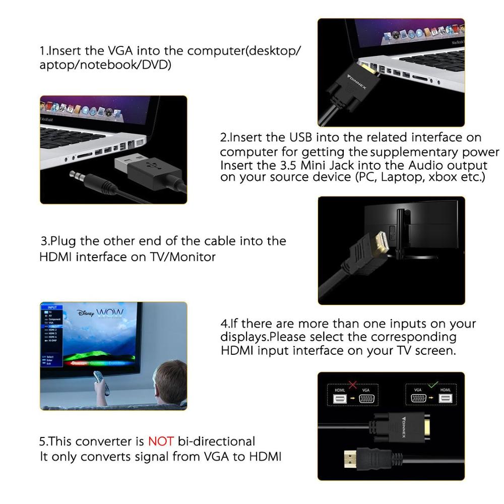 FOINNEX 6FT VGA to HDMI Adapter/Converter Cable with Audio,1080P,Convert VGA Source (PC) in HDMI Connector of Monitor,TV.
