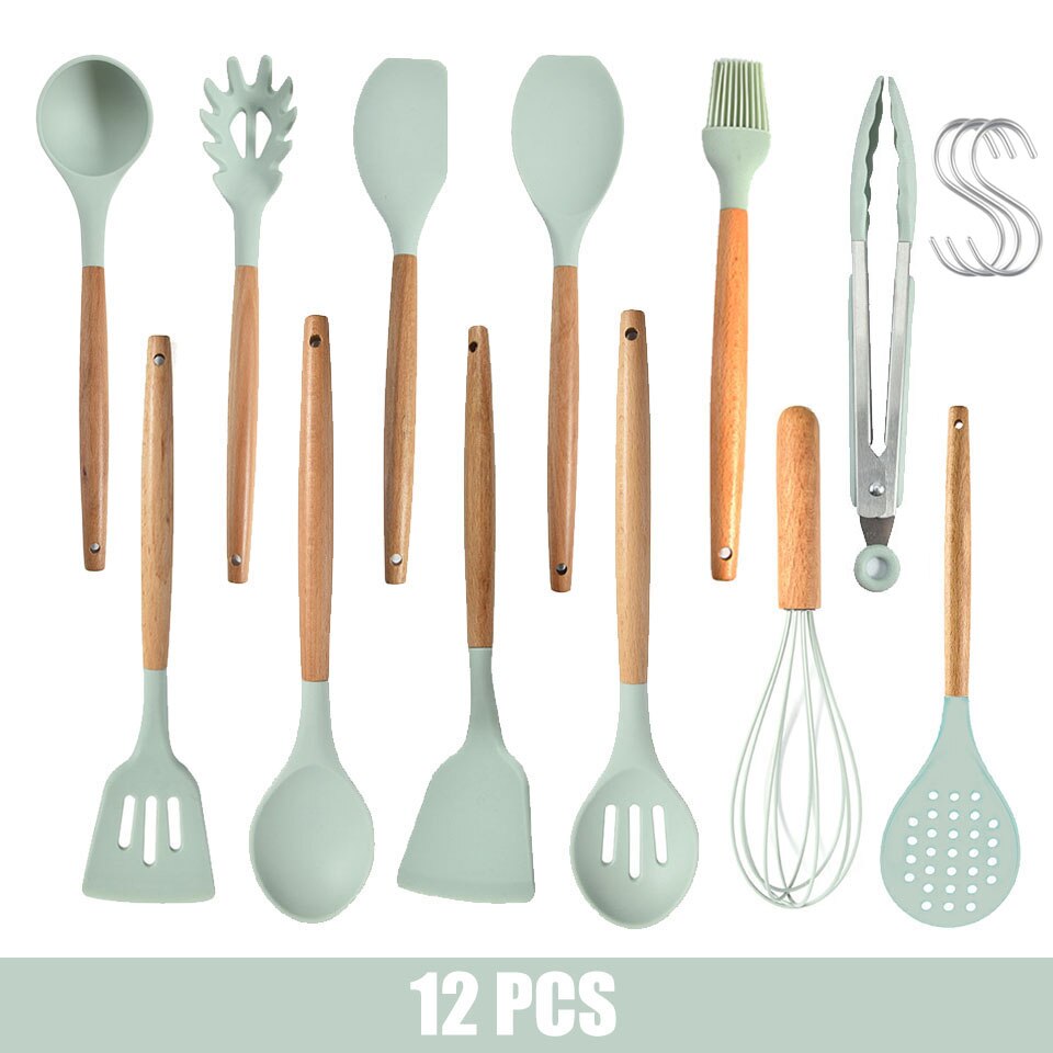 9/10/11/12PCS Kitchen Cooking Tools Set Silicone Utensils Set Turner Tongs Spatula Soup Spoon Non-stick Shovel Oil Brush: 12PCS A