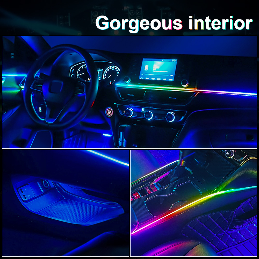 Luz ambiental para coche 18 en 1, tiras acrílicas de 64 colores, 110cm, 90cm, 75cm, 35cm, 20cm, colores completos, RGB, Interior del coche, Control por aplicación Bluetooth