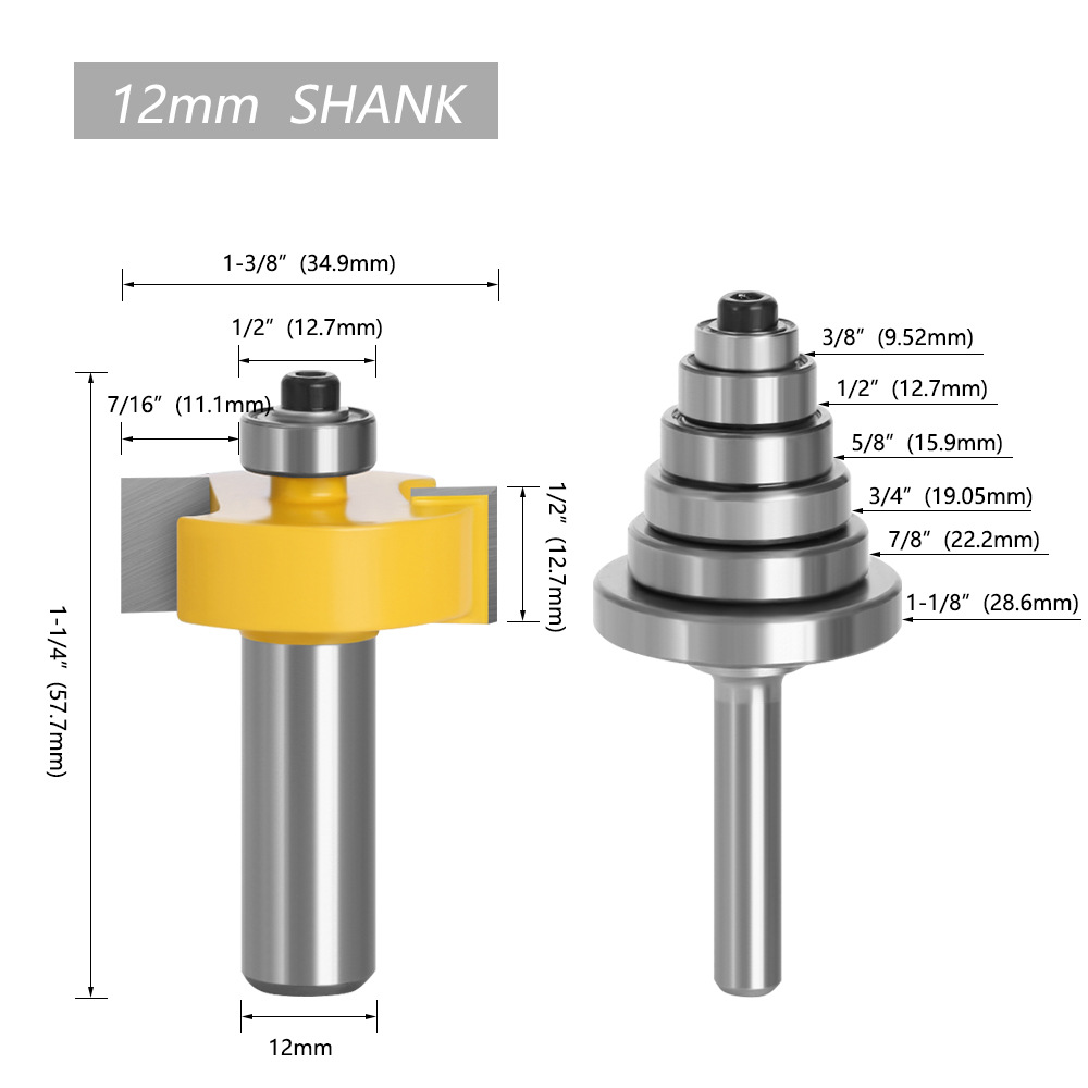 2PCS 8mm 12MM 12.7MM Shank Rabbet Router Bit with 6 Adjustable Bearings Tenon Milling Cutter Cemented Carbide Woodworking Bits