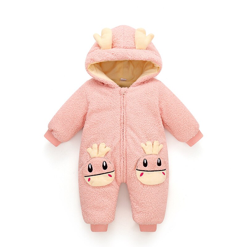 Otoño Invierno general para niños infantil de algodón engrosada ropa con capucha de bebé de dibujos animados niños niñas mono ropa para bebés: PINK / 90(9-12Months)