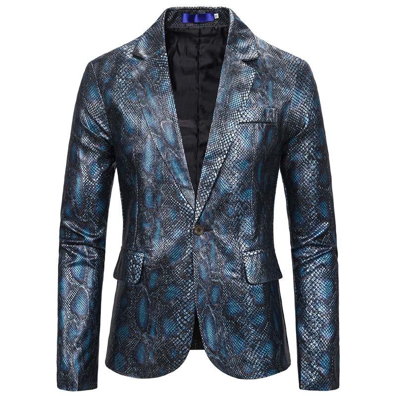 Bronzing Snake Printed Blazer Mens Suits Tuxedos Club Bar Wear Best Man Blazer Business Groomsman Slim Casual Jacket: Blue / M
