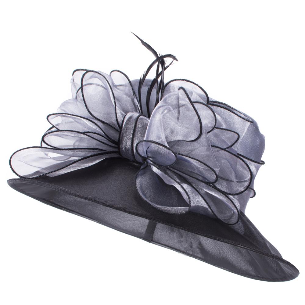 Women Dressy Hats Wide Brim Sun Hats Church Wedding Tea Party Kentucky Derby Formal Floral Bride's Mother Hats A045: Gray