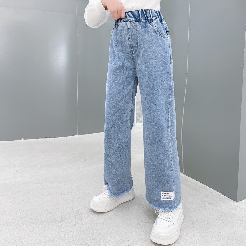 Pantalones vaqueros de pierna ancha para niñas, Jeans rectos de algodón con borlas, holgados, ropa de para Niñas Grandes, 2022: 14
