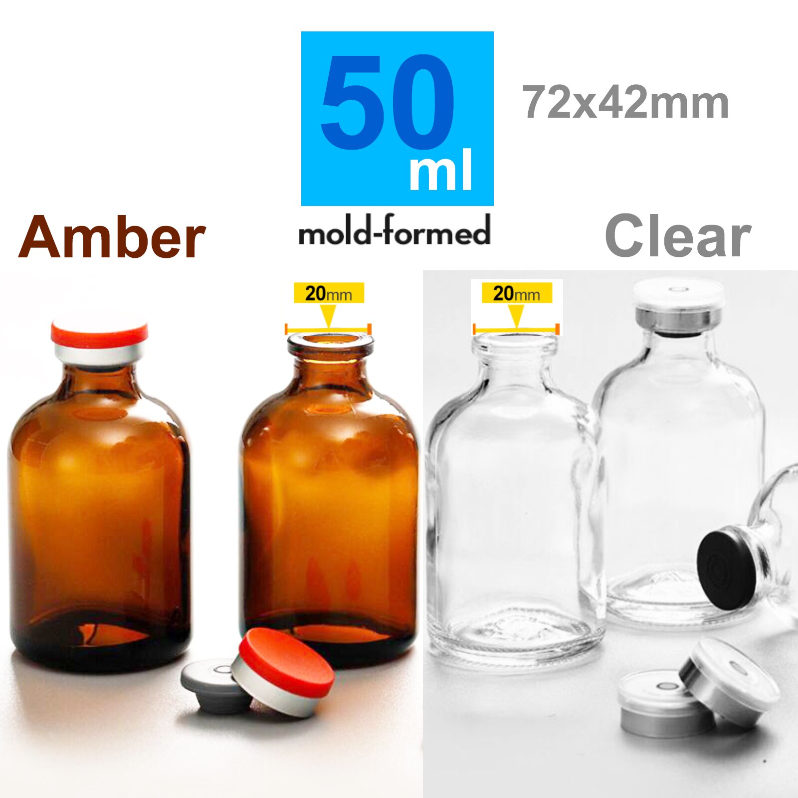 Botella de cristal de penicilina de 3ml, 5ml, 7ml,10ml, 15ml, 20ml,25ml,30ml,50ml, frascos de 100ml,50 Uds.