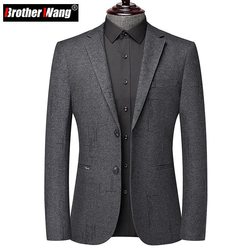 Spring Men's Business Slim Suit Floral Print Dark Gray Thick Stretch Blazer Coat Male Brand Clothes