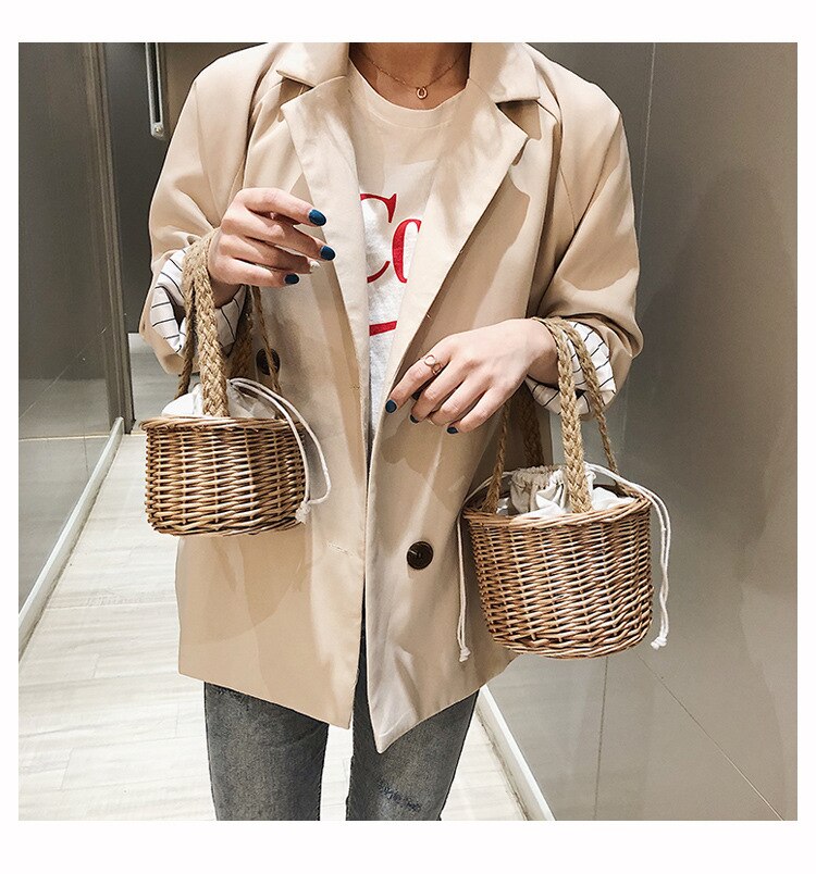 Vintage Women Barrel-shaped Rattan Knitting Handbags Ladies Casual Solid Drawstring Handbags Girls Handmade Bags