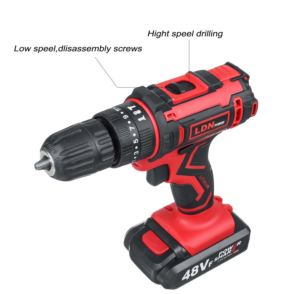 Cordless Electric Impact Drill Screwdriver 25+3 Torque 48V Rechargeable Dual Speed Power Tools With 2 Battery