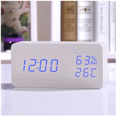 FiBiSonic Holz holz LED Wecker, Despertador Temperatur Feuchtigkeit Elektronische Schreibtisch Digitale Tabelle Uhren: Weiß Blau