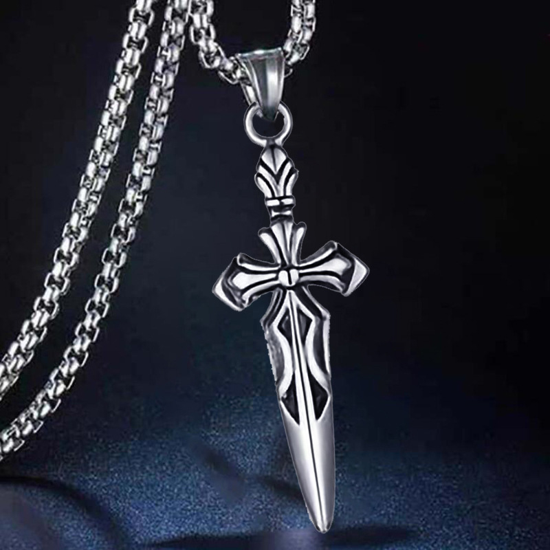 Gothic Sword Dragon Necklace - Vintage Dragon Wrapped Cross Pendant Punk Style For Men - View #3