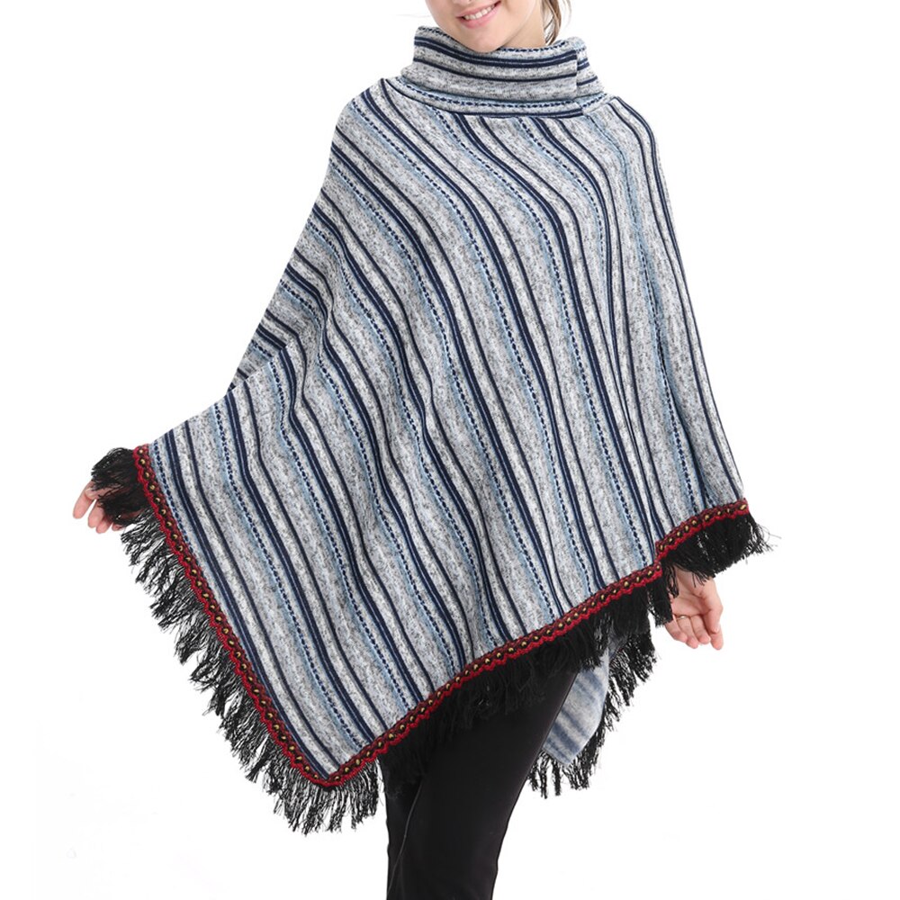 Vinter lang sektion høj krave jakke med frynser sjal løs jakke stribet tyk sweater efterår