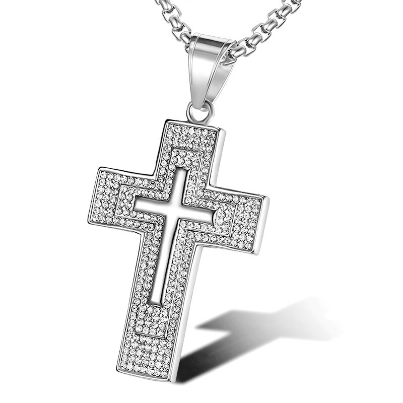 Hip Hop gold color Jewelry Large Cross Pendant Iced Out Shining zircon Bling Bling Cross Men Chain Necklace Jewelry: Silver / 60cm