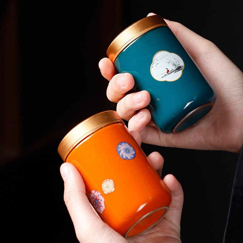 Painted Mini Ceramic Storage Jar Exquisite Portable Travel Tea Pot Alloy Lid Sealed Candy Jar Storage Bottle Decoration