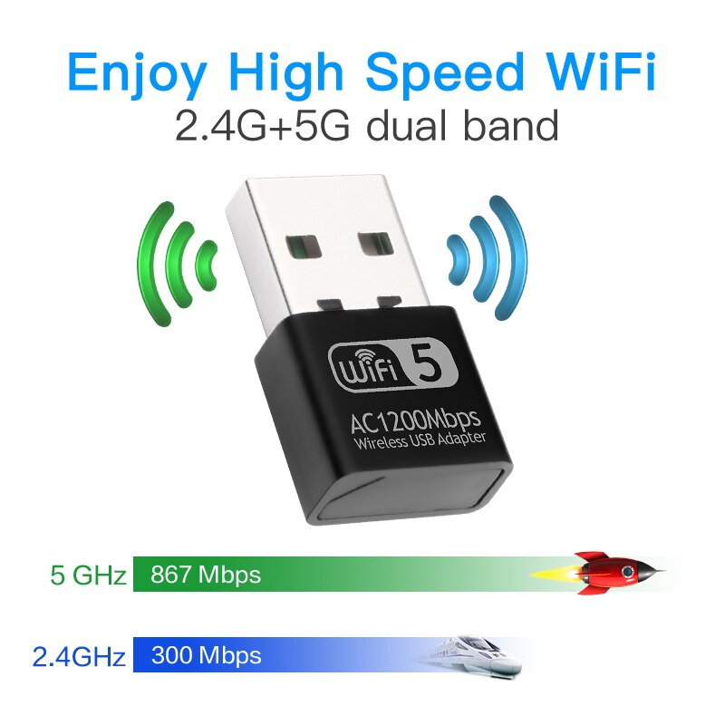 1200Mbps Mini USB Wifi Adapter Network Lan Card For PC Wifi Dongle Dual Band 2.4G&5G Wireless Wi-Fi Receiver Desktop Laptop