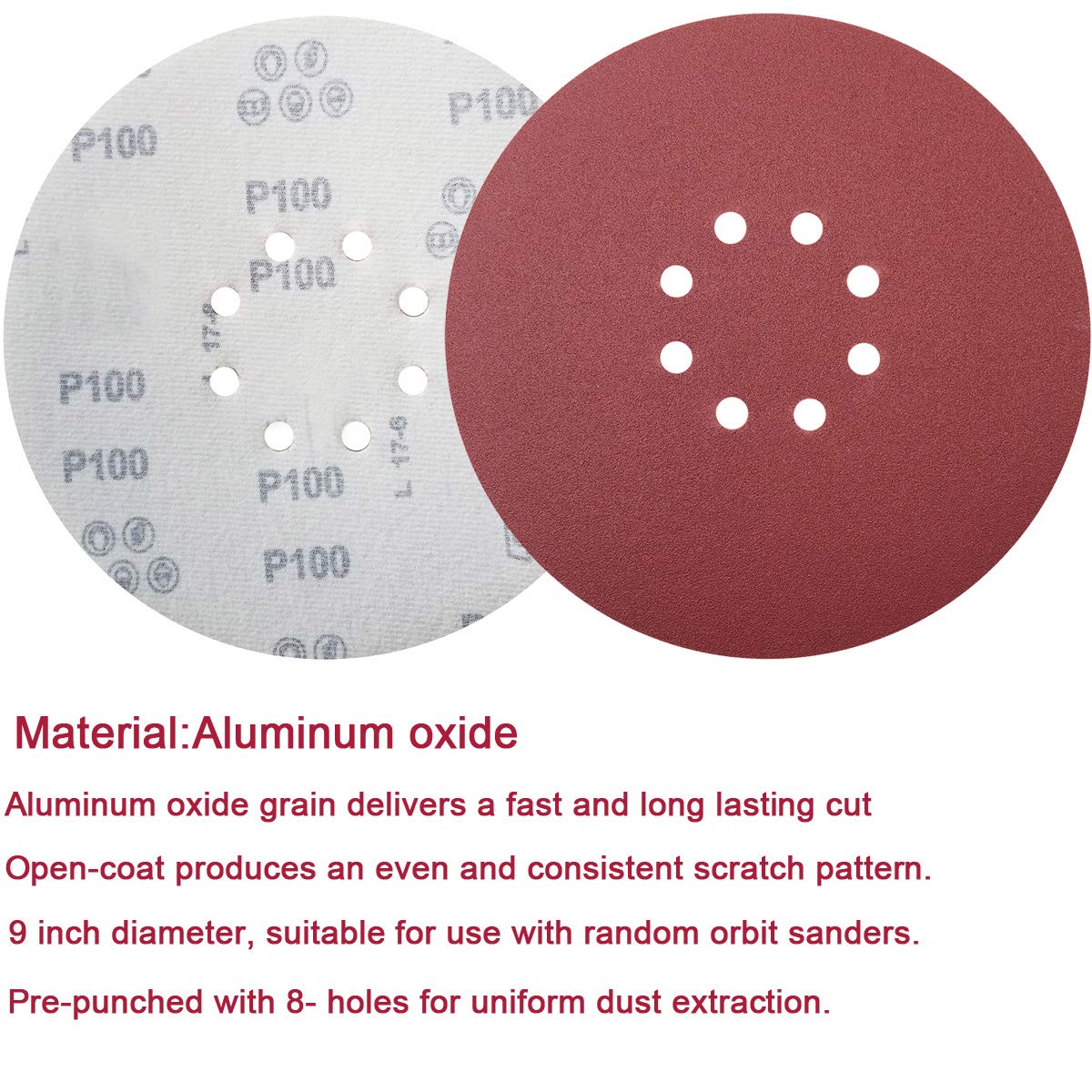 50 PCS 9 Inch 8 Hole Hook and Loop Sanding Discs Aluminum Oxide Flocking Sander Paper for Drywall Sander