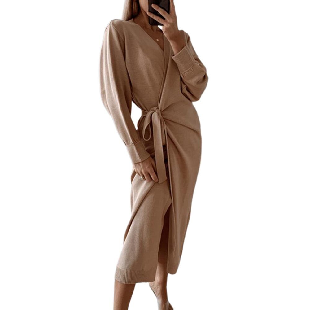 dresses Women Autumn Winter Solid Color Long Sleeve Knitted Wrap Belt Dress Maxi Robe Long Dress Vestido Femme Vestidos: Khaki