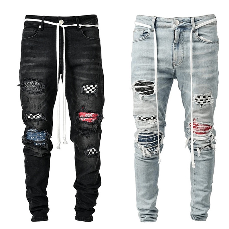 Männer Heißer schlank Jeans Zerrissene Netz Patchwork strecken Denim Hosen Elastische Hüfte-hüpfen Joggen Bleistift Hosen männer kleidung