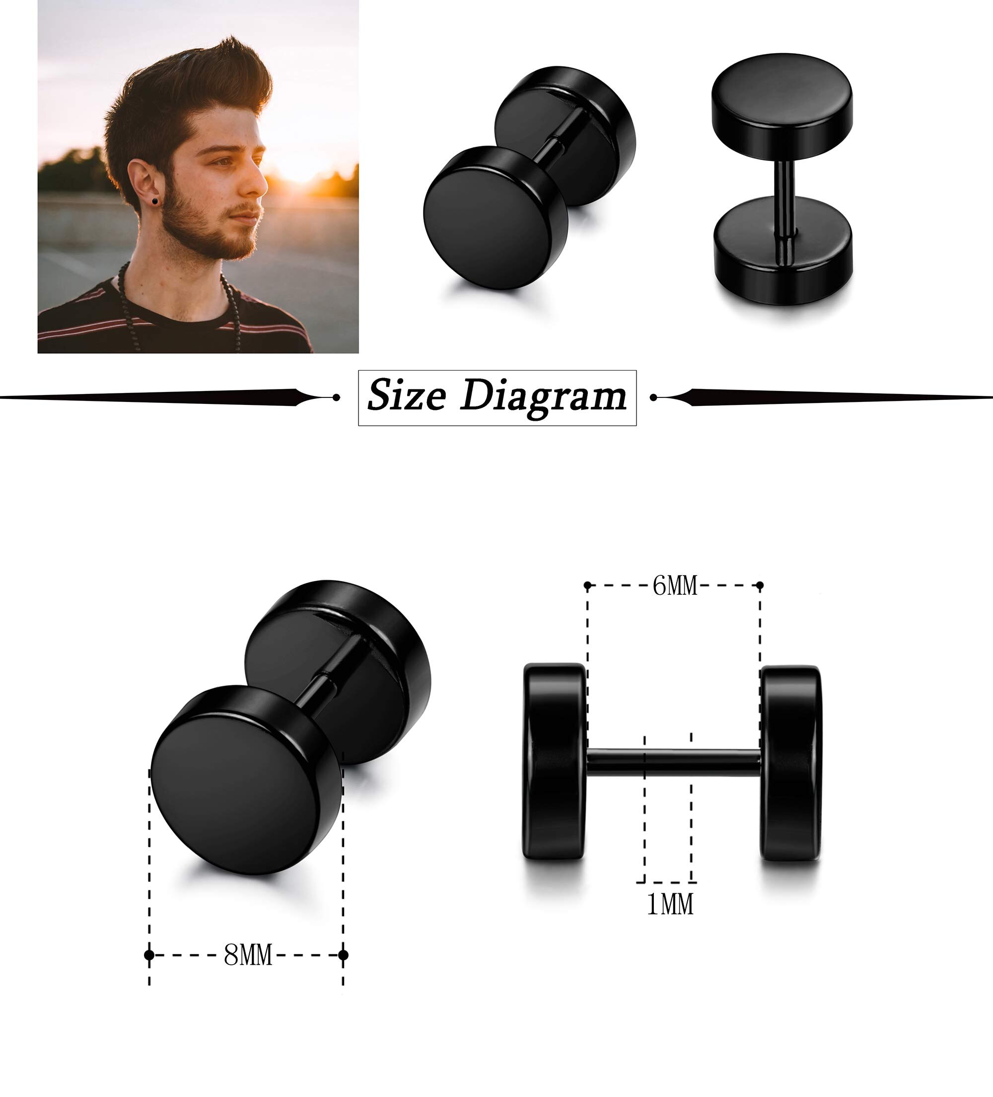 10 Pairs Screw Stud Earrings Flat Back Black Earrings for Men Mix Color Helix Cartilage Barbell Earrings Plugs Tunnel Punk