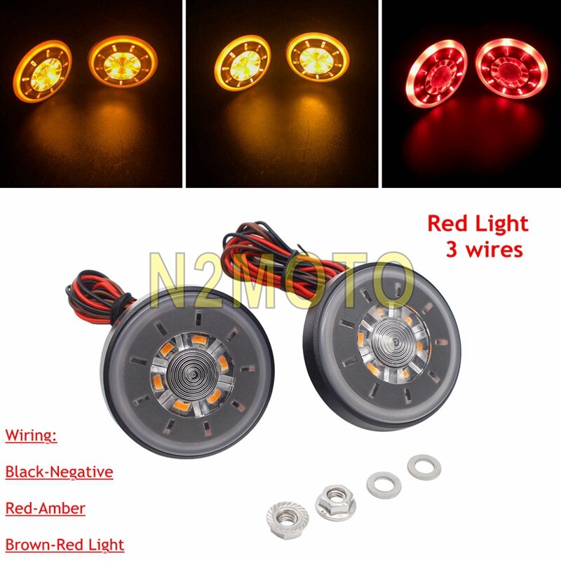 2 wires LED Round Motorcycle Stop Brake Light Universal 12V Mini Motorbike Dual Use Reflector Turn Signals Yellow Red Lights: Red Light 3 wires