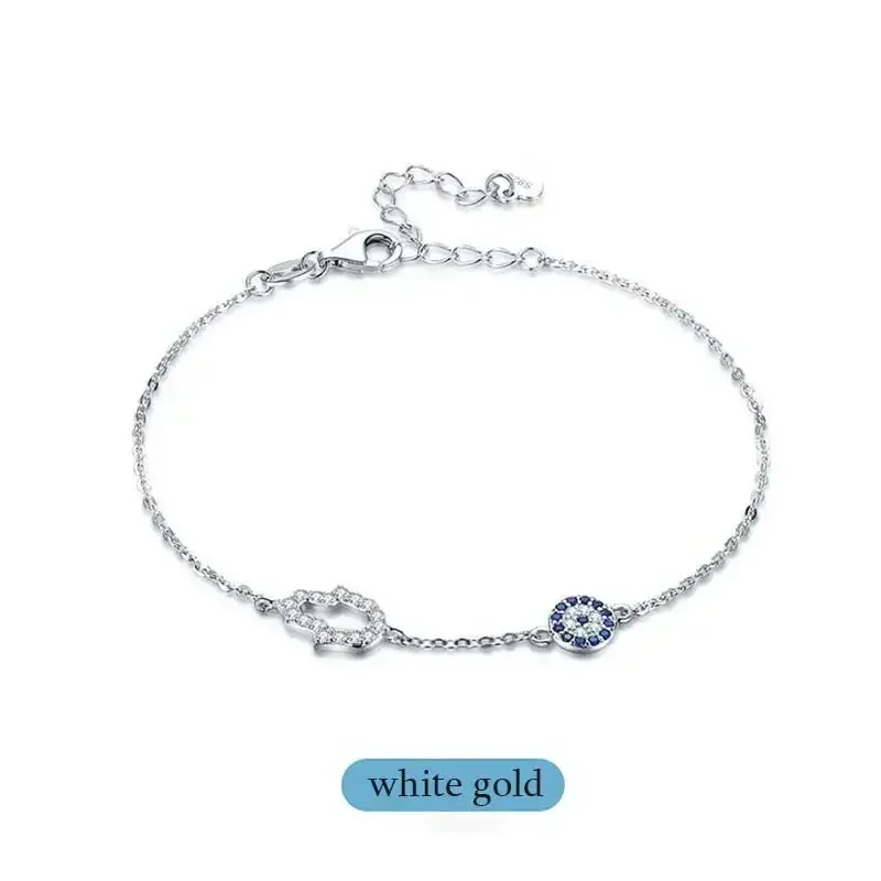 TONGZHE – Bracelet main mauvais œil Hamsa en argent Sterling 925 pour femme, bijoux turcs, bleu porte-bonheur: White Gold Color