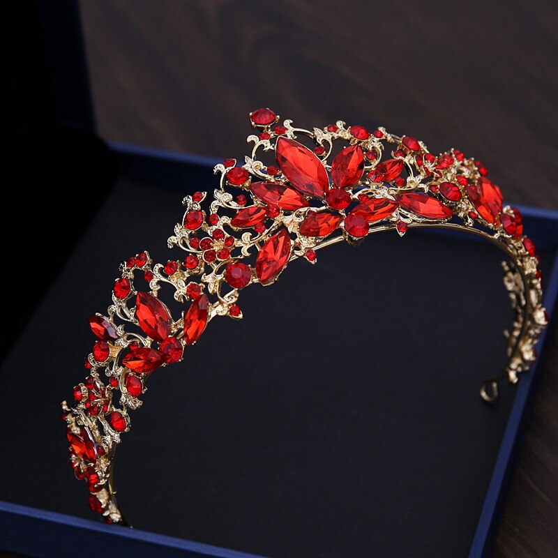 Barokke Rode Kristal Gouden Kleur Bruids Sieraden Sets Strass Kroon Ketting Oorbellen Voor Vrouwen Vintage Bruiloft Haaraccessoires