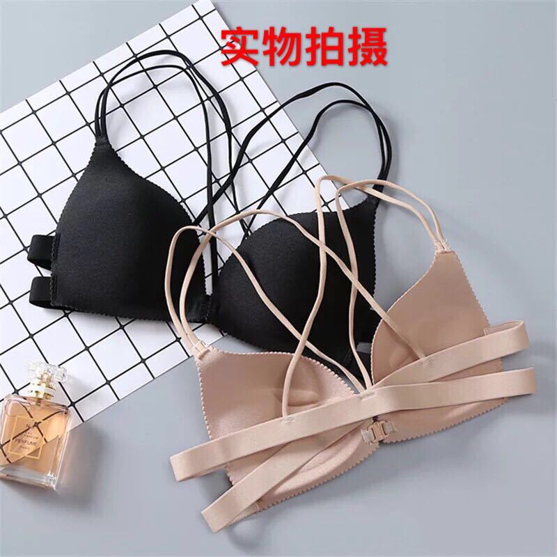 Non Steel Ring Thin Front Button Traceless Women Bras Solid Color Gathered Bra Cross Back Sexy Deep V Smaller Breasts Bras