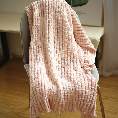 Nordisk retro chenille tæppe ensfarvet strikket tæppe seng ende tæppe sofa håndklæde seng ende ende håndklæde dækning  fg1310: Lyserød