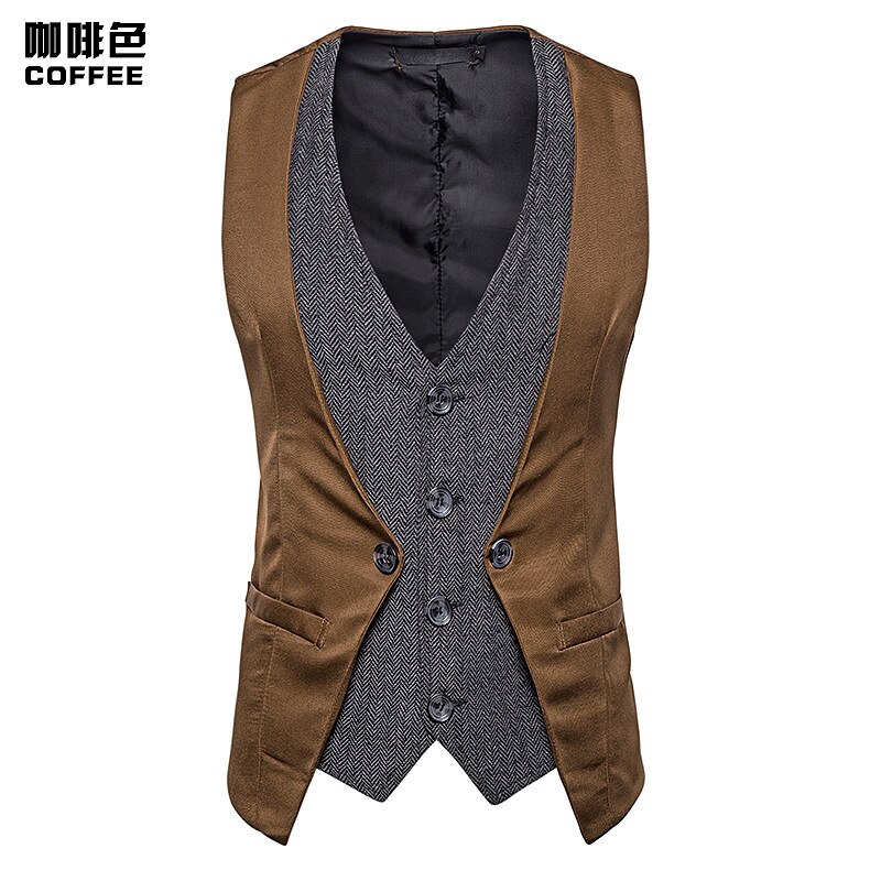 Vintage couches hommes costume gilet simple boutonnage à chevrons robe gilet hommes scène Club fête bal Chaleco Hombre: brown / M