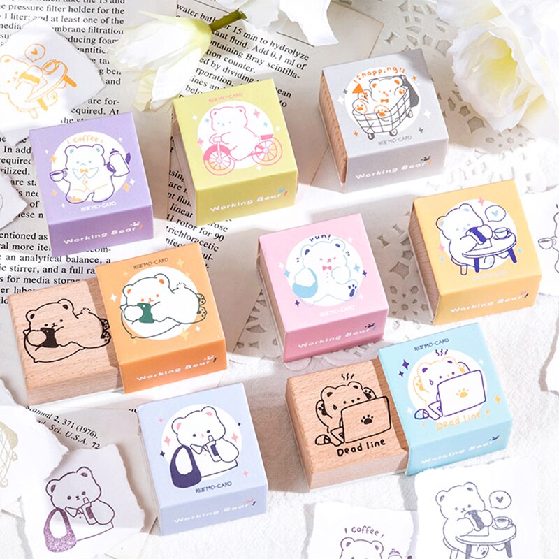 Leuke Cartoon Beer Werknemer Serie Decoratie Stempel Houten Stempels Voor Scrapbooking Briefpapier Diy Craft Standaard Stempel