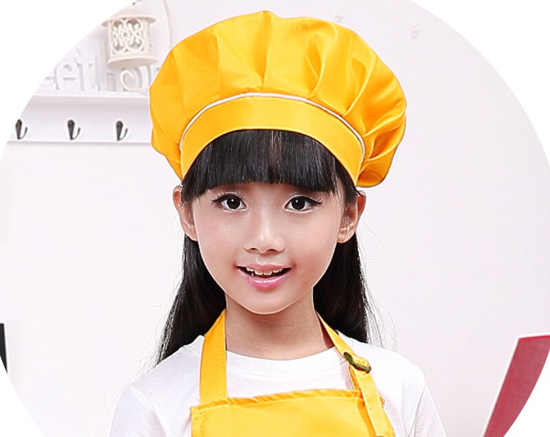 Kid Chef Hat Children's Baking Hat Cute Girls Boys Food Service Kitchen Work Caps Solid Pleated Top Painting Hats: Yellow