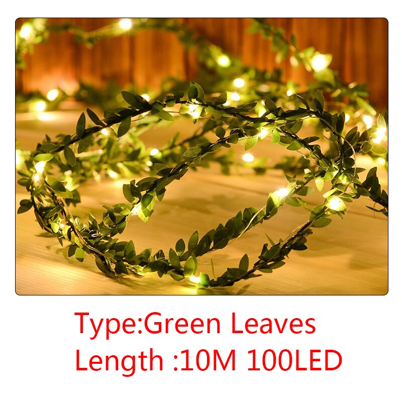 Ros blomma led fairy string lights utomhus led löv fairy lights för rustik bröllopsfest event krans dekor ljus: Blad 10m 100 led / Usb-driven