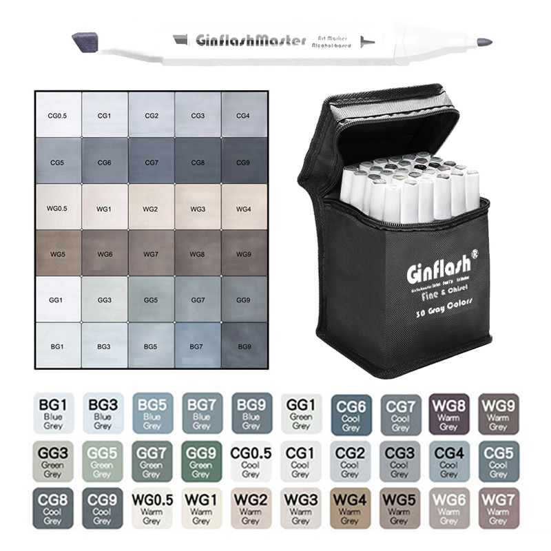 Ginflash Fijn En Beitel 30/10 Kleuren Grijze Toon Set Bijpassende Kunst Markers Penseelpen Schets Alcohol Gebaseerde Markers Tekenen Kunst Benodigdheden: Bordeaux