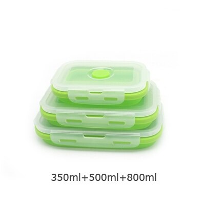 ERMAKOVA 3 of 4 Pcs Silicone Inklapbare Lunch Bento Box Hittebestendig Vouwen Voedsel Opslag Container met Luchtdichte Plastic deksel: 3-Piece Green