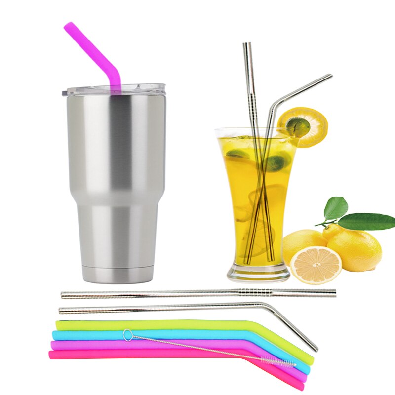 WALFOS Set Of 2 Reusable Drinking Straw Flexible Food Grade Stainless Steel Silicone Reusable Drink Straw For Mugs 20/30oz