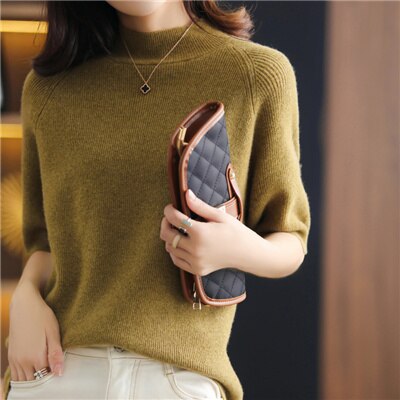 Camisa de malha de manga de cinco pontos de cashmere feminina primavera outono novo 100% lã pura meia manga camisola feminina: L / Verde exército