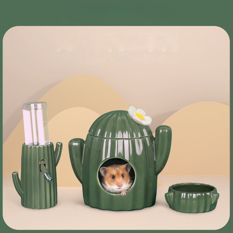 Cactus, nido de hámster, cuenco de cerámica, cuenco de comida, botella de agua, soporte para botella de agua, oso dorado, suministros para evitar el paisaje de la casa