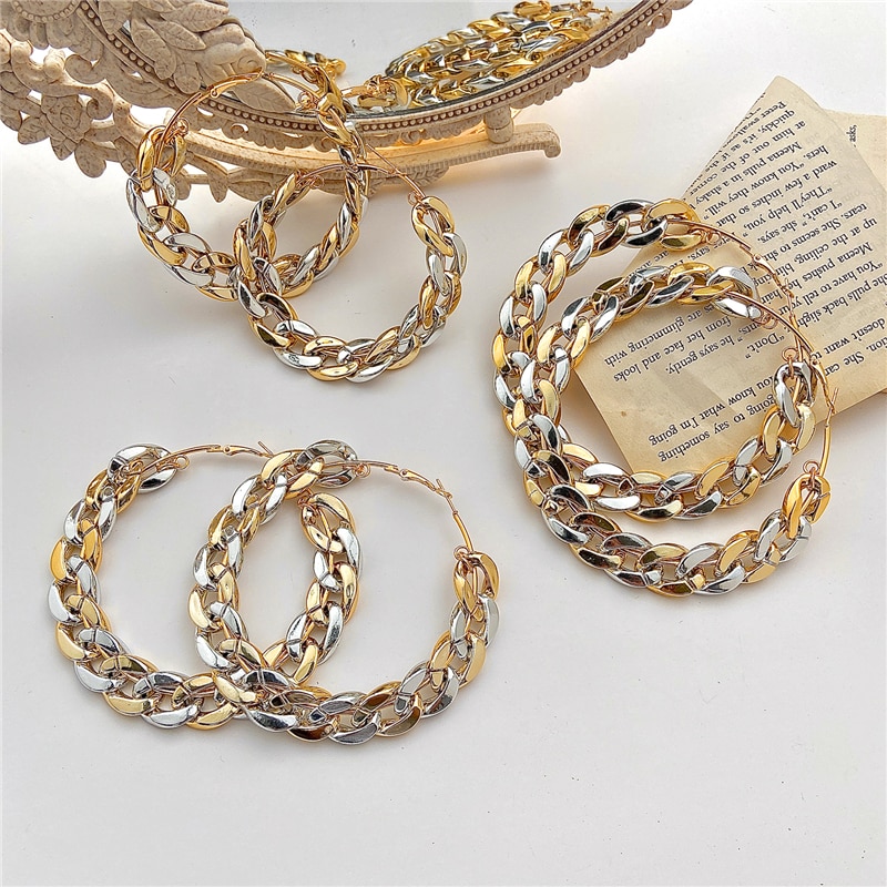 Bohemian Oversize Chain Hoop Earrings For Women Double Gold Silver Color Circle Earrings Luxury Statements