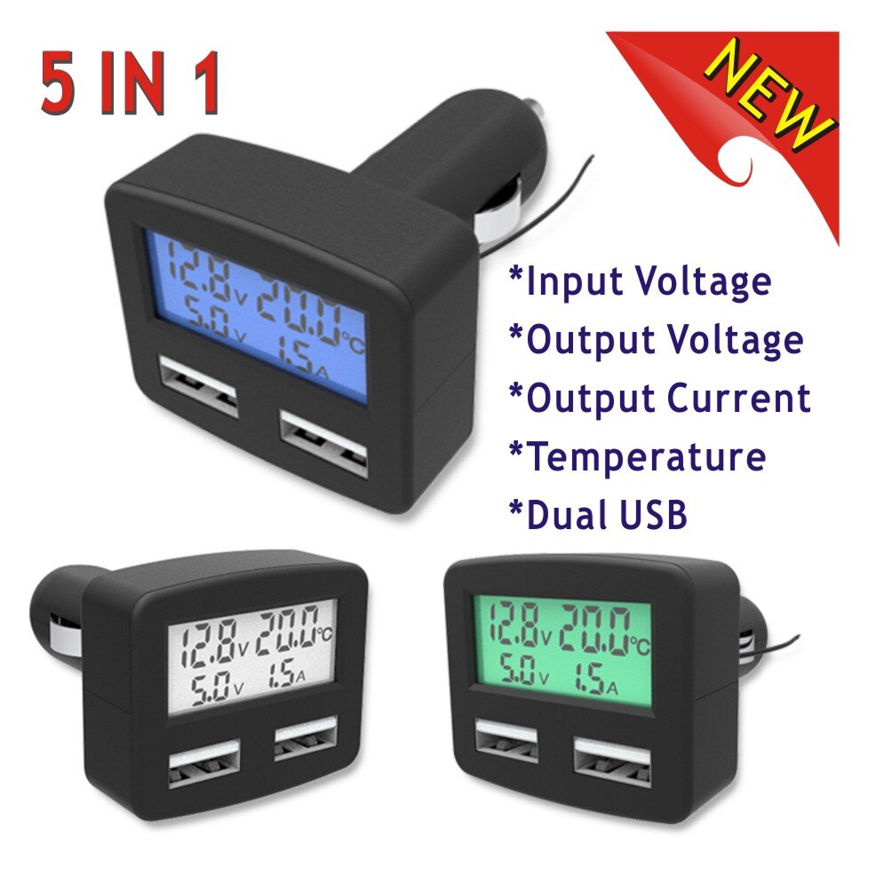 5 in 1 3A Dual USB Auto Telefoon Oplader DC 5 V Auto telefoon USB Charger Lcd-scherm Temperatuur voltage stroom Meter 12 V 24 V Voltmete
