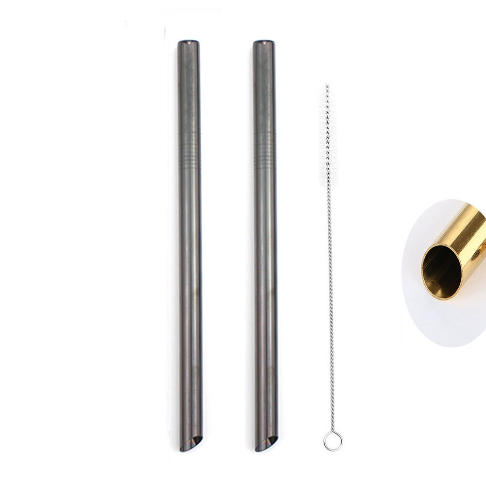 2 stk genanvendelige brede metal sugerør skarpe sugerør 215 x 12mm lige drikke sugerør spidse spidser perle milkshake bubble tea: Sort