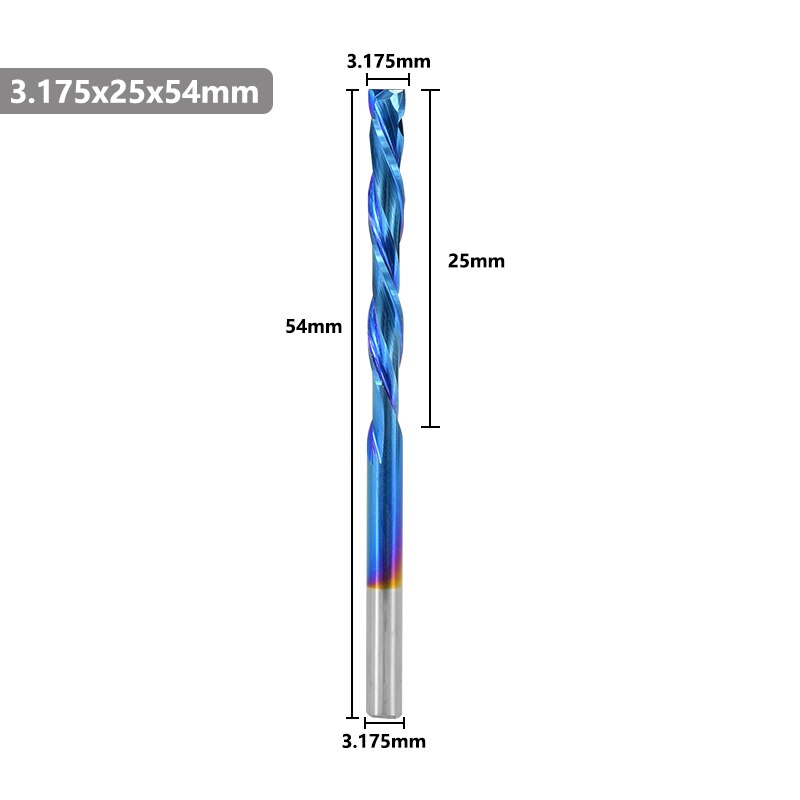 Up Down Cutter 2 Flute End Mill Nano Blue Coating 3.175mm Shank Spiral Router Bit For Compression Tool Tungsten Carbide Cutter: 3.175x25x54