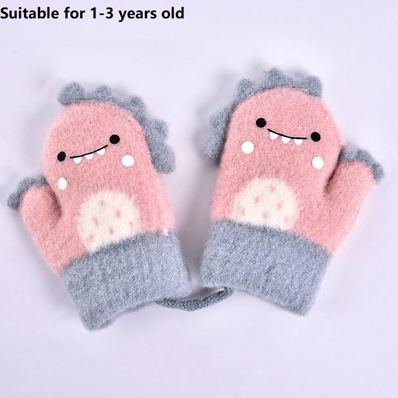 Manopla de piel de conejo para niños, mitones de punto gruesos y cálidos para bebés de 0 a 2 años, guante de invierno con cuello colgante, guantes suaves para bebés: S-Pink