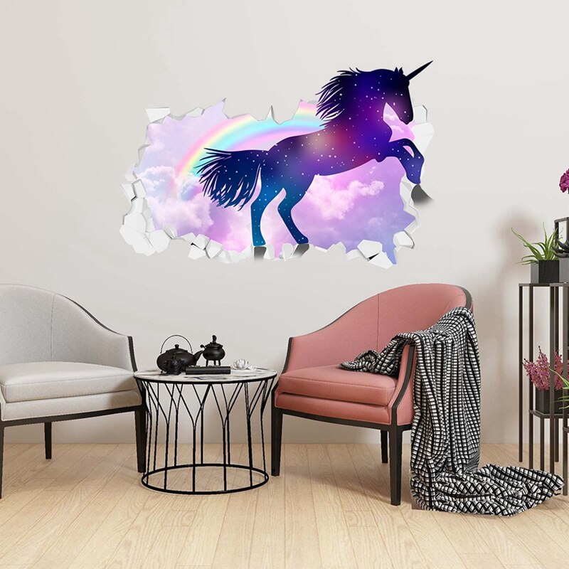 Enhjørning hest forset wallstickers 3d gå i stykker de vegg effekt bildeinnstilling klistremerke dekorativt barnehagedekor