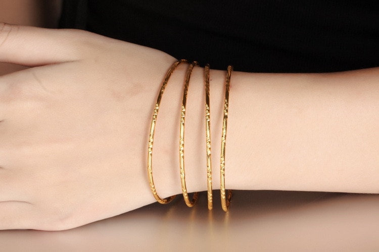 Cinzelado liso amarelo ouro cheio womens bangle unopable 60mm