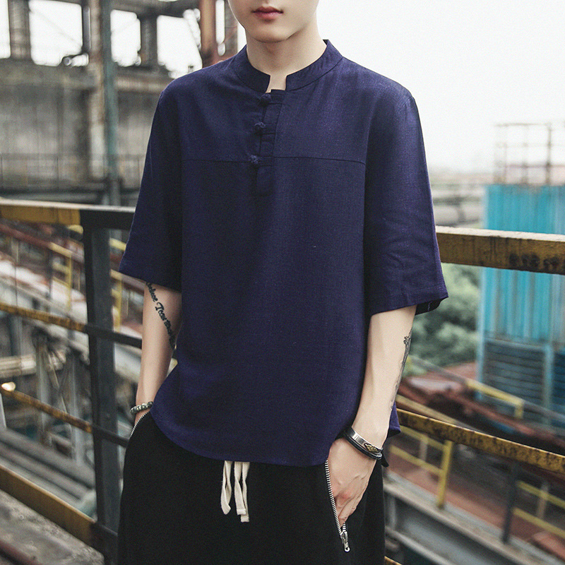 Sommer kortermet lin t-skjorte menn kinesisk stil knapp pluss størrelse løs bluse mannlig tradisjonell hanfu kung fu t-skjorter antrekk: Marinen / Xxl