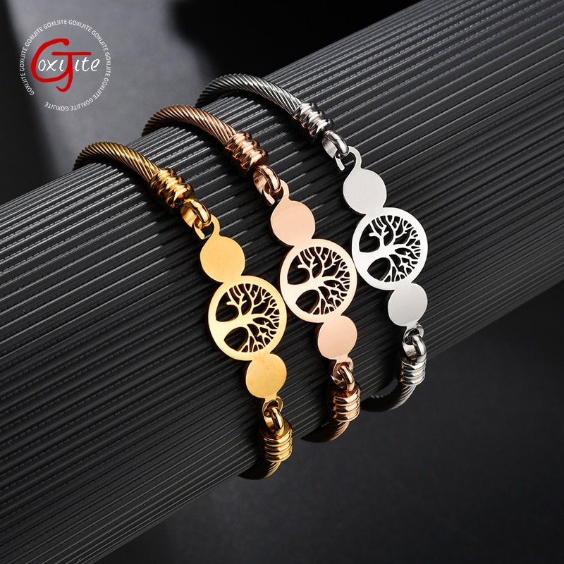 Goxijite 3 Colors Jewelry Women's Stainless Steel Twisted Cable Wire Heart Tree Of Life Charm Bracelet Bangle Jewlery