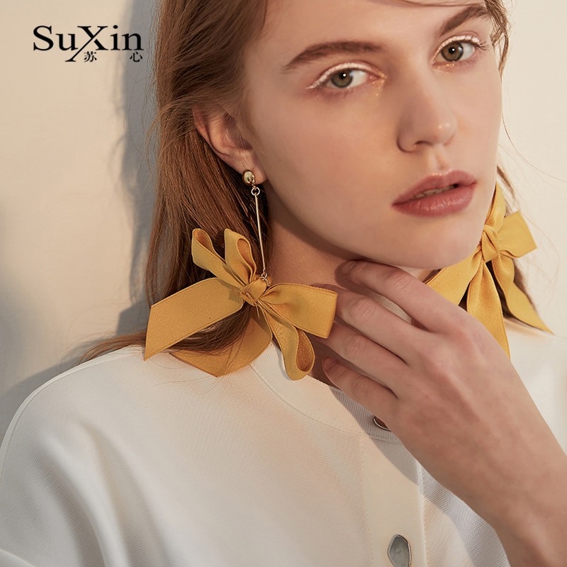 SuXin boucles d'oreilles simple papillon noeud tempérament boucles d'oreilles pour les femmes long ruban pendentif boucles d'oreilles bijoux