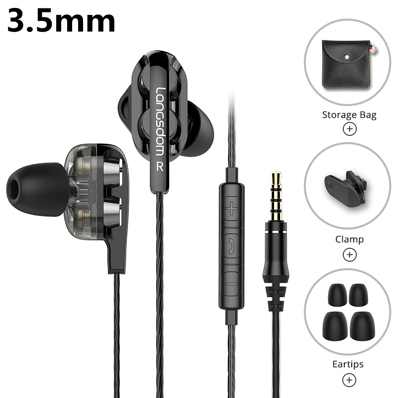 Langsdom D4C Wired Earphone Headphones with Microphone Dual Driver Phone Earphones Type C Ear Phones auriculares fone de ouvido: 3.5MM Black