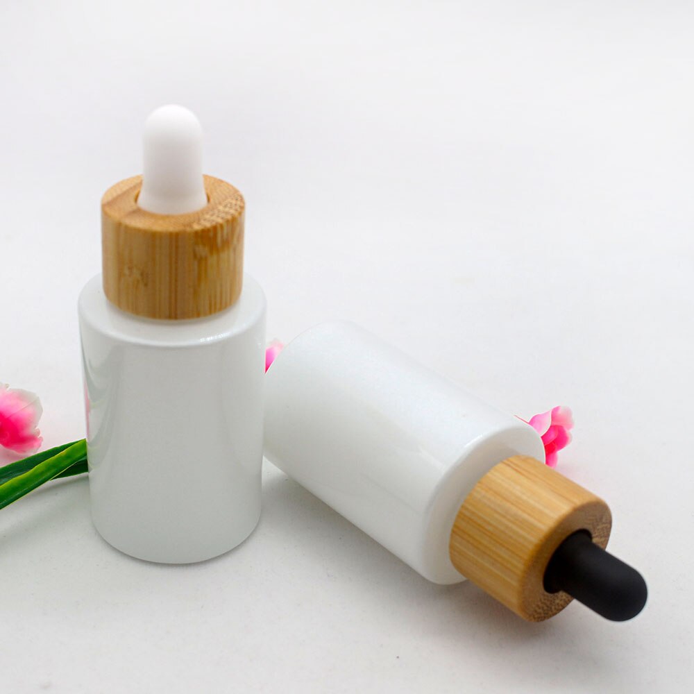 30ml White pearlescent glass dropper bottle bamboo lid pipette cosmetic lotion packaging container