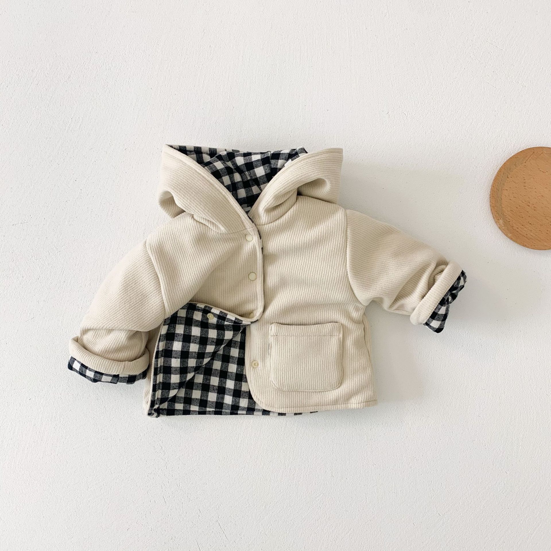 Winter Verdikte Kinderen Katoenen Jas Koreaanse Versie Plaid Baby Gewatteerde Jas Warm Jongens Meisjes Outerwears Hooded Doek: Beige / 66