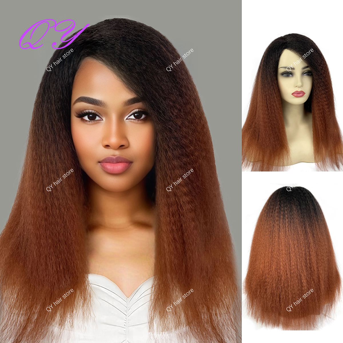 Syntetyczna peruka Yaki Straight Brown ( # 4) Peruki dla afrykańskich kobiet codziennego użytku Naturalne puszyste długie włosy: 1b/27hl